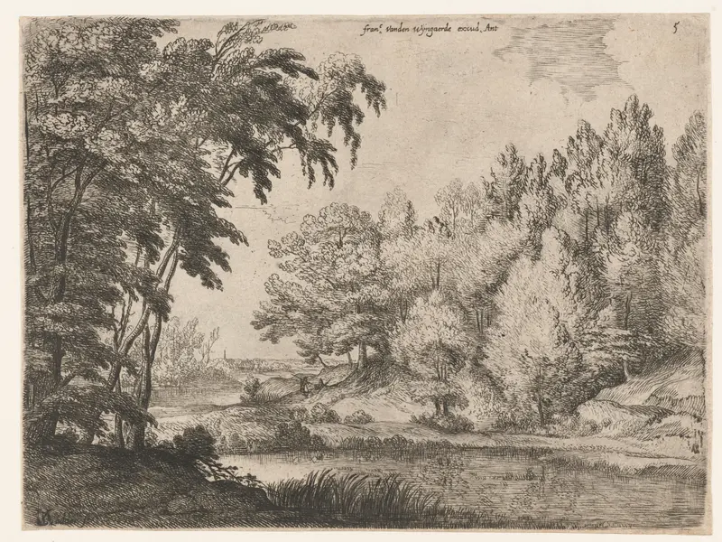 Landschap met een kronkelende rivier, etching by Lodewijk de Vadder depicting a winding river and tranquil landscape.