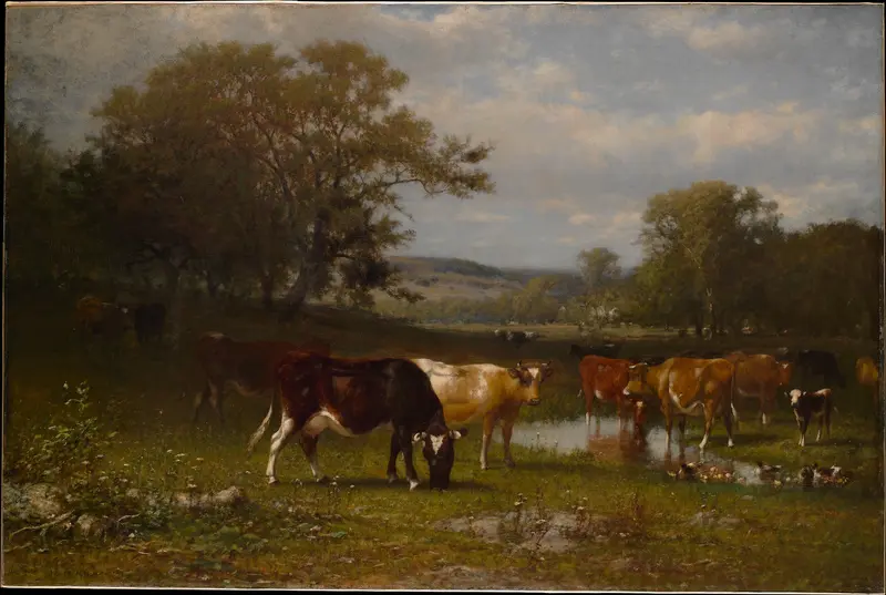 Forest landscape with dappled light, oil on canvas by James McDougal Hart