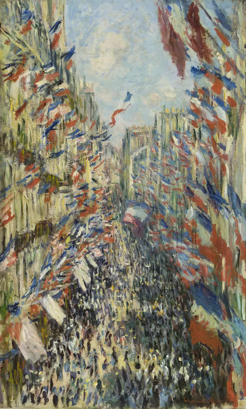 A crowded Paris street lined with buildings draped in French flags, painted with loose, vibrant brushstrokes capturing a festive scene.