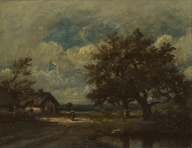 Cottage in a stormy landscape, oil on canvas by Jules Dupré