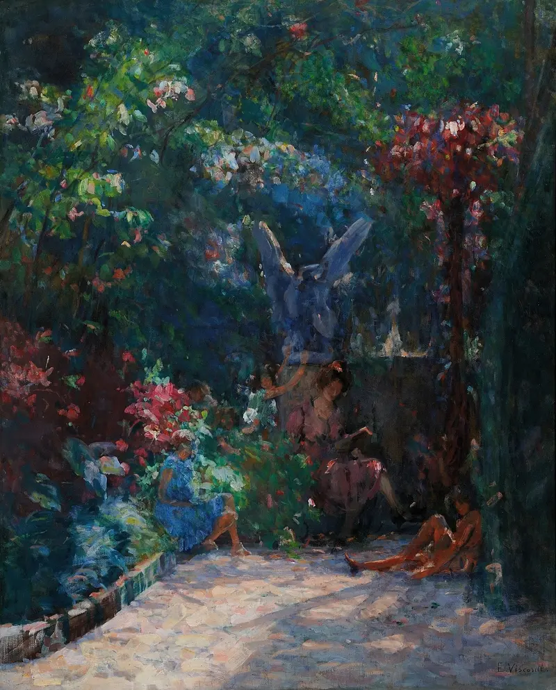 Lição no meu jardim by Eliseu Visconti, oil painting of a girl in a garden with flowers.