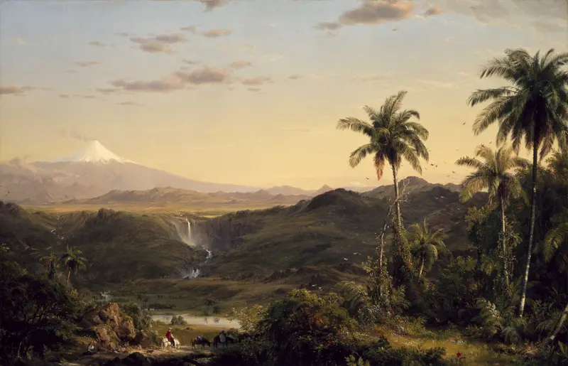 Cotopaxi by Frederic Edwin Church, oil on canvas depicting a mountain landscape with sunlight and lush vegetation.
