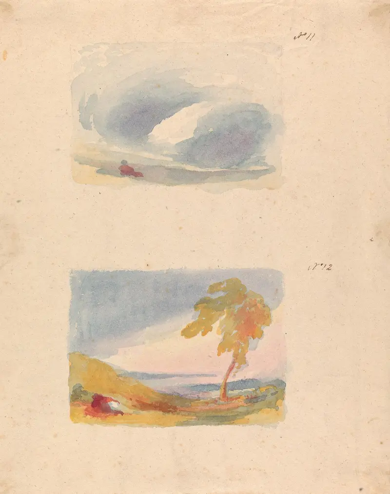 A landscape painting by Thomas Sully depicting hills and a tree under a dynamic sky.