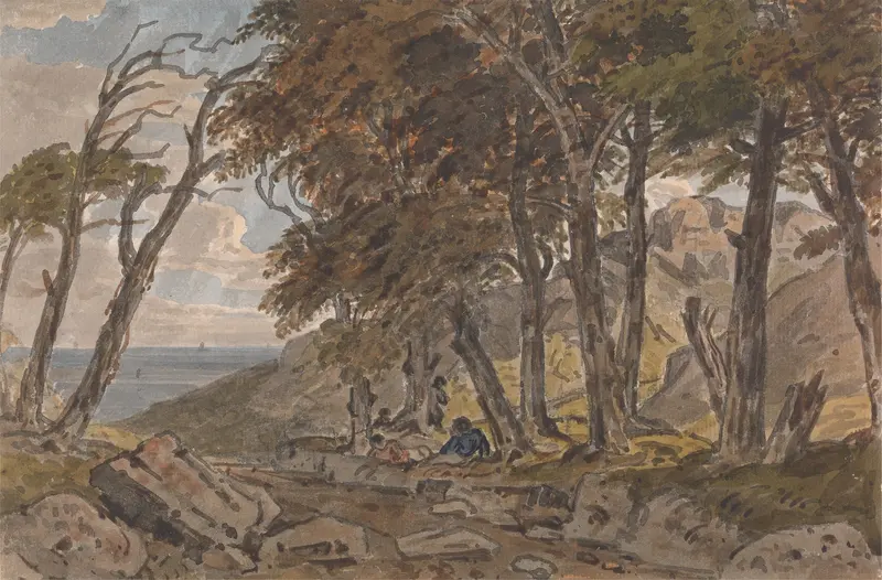 Figures on a wooded lane with sea in distance, oil on canvas by George Barret Jr.