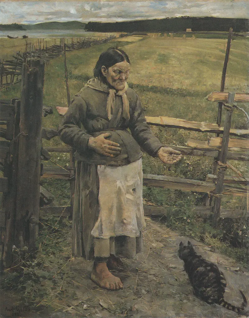 A weathered woman stands barefoot on a patchwork path, extending her hand towards a striped cat at her feet.