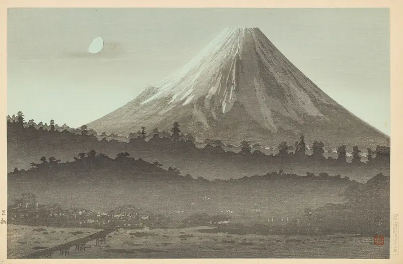 Ukiyo-e of Mount Fuji at night by Takahashi Hiroaki