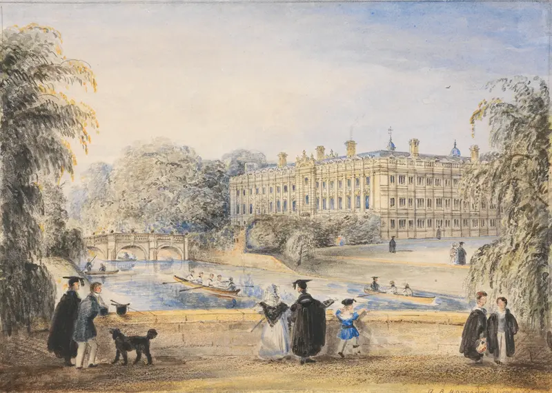 Landscape of Clare College, Cambridge, by Richard Banks Harraden, oil painting