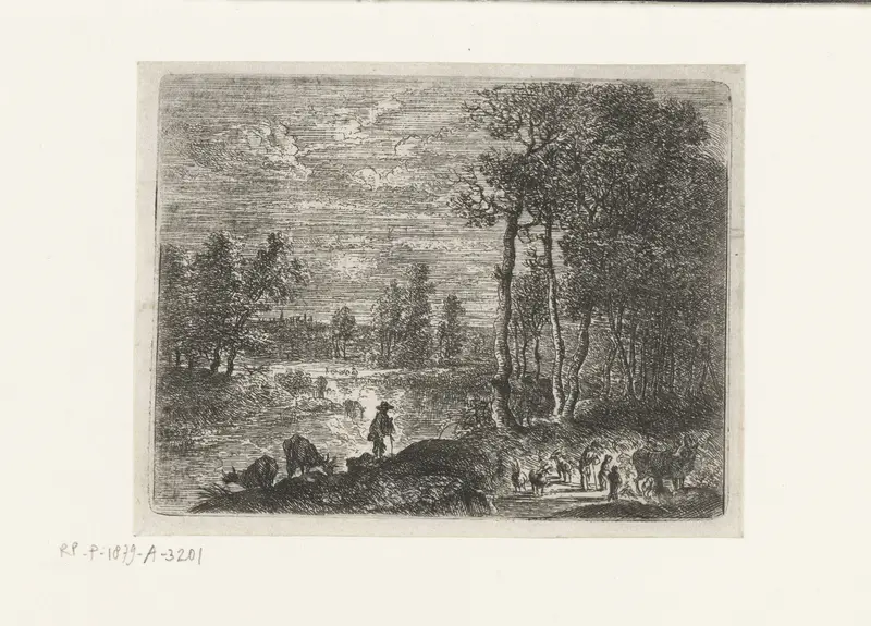 Etching by Lucas van Uden depicting farmers and cattle in a night landscape.