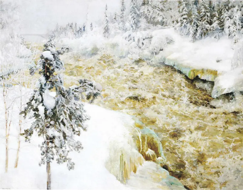 A turbulent river flows through a snowy Finnish landscape, with a heavy-laden pine tree in the foreground.