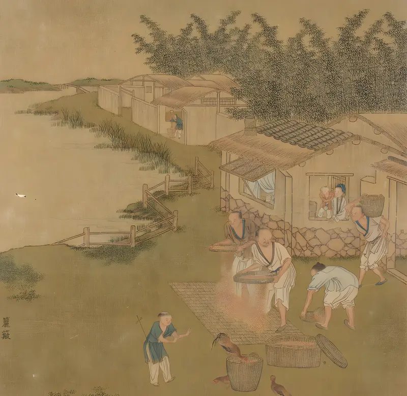 Genre scene of silk production by Qiu Ying, silk medium
