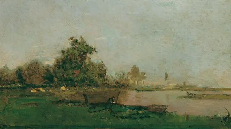 Landscape with a boat on a river, oil painting by Eugen Jettel