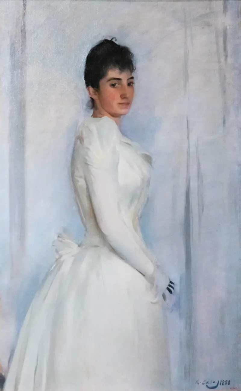 Portrait of Montserrat Carbó by Ramón Casas features a woman in a vibrant setting.
