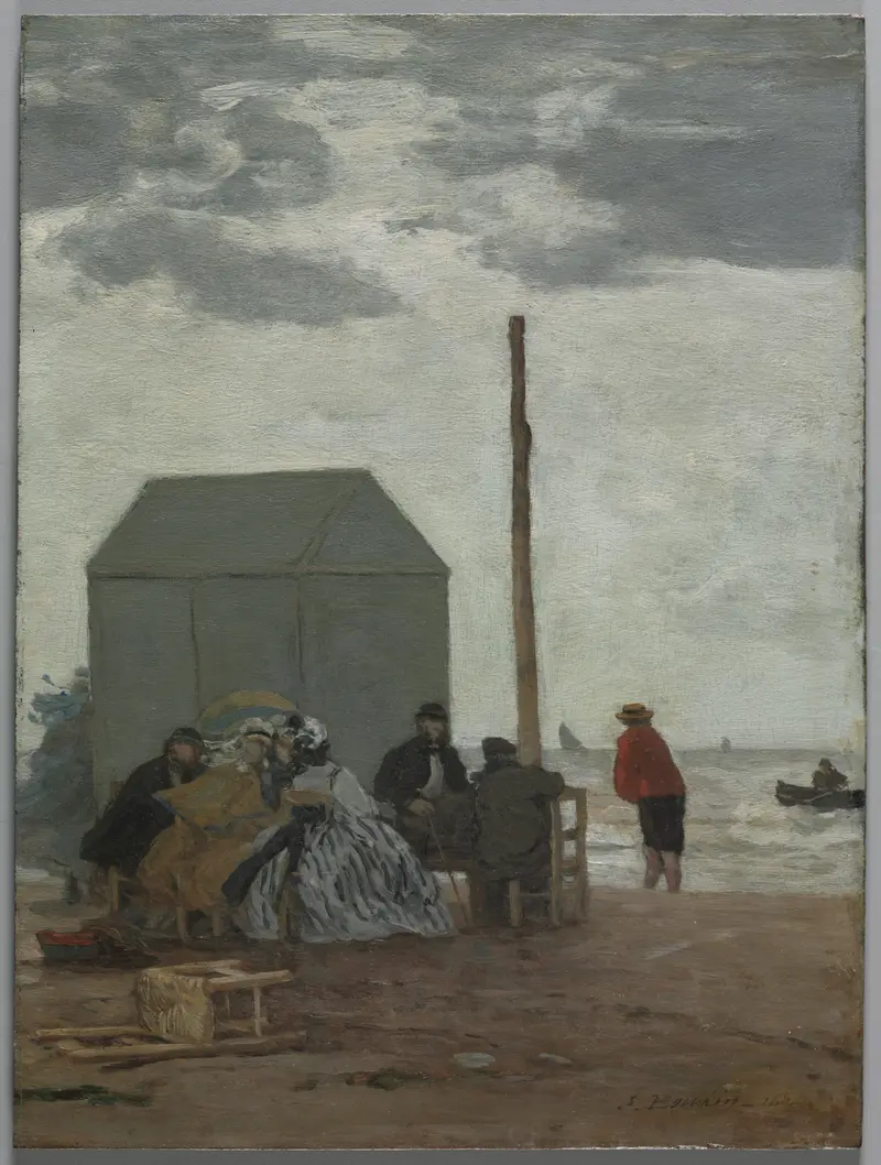The Beach at Deauville by Eugène Boudin, oil on canvas depicting a beach scene with figures and parasols.