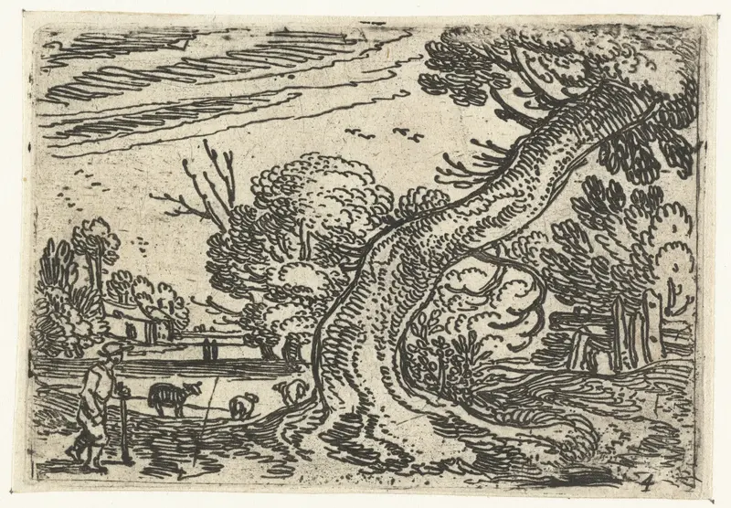 Etching by Esaias van de Velde depicting a herder under a tree.