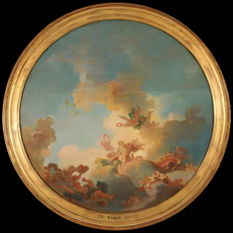 The Triumph of Venus depicts the goddess of love rising from the sea surrounded by nymphs and cherubs.