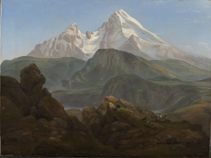 The Watzmann by Johan Christian Dahl, oil on canvas, depicting a tranquil landscape with mountain reflections.
