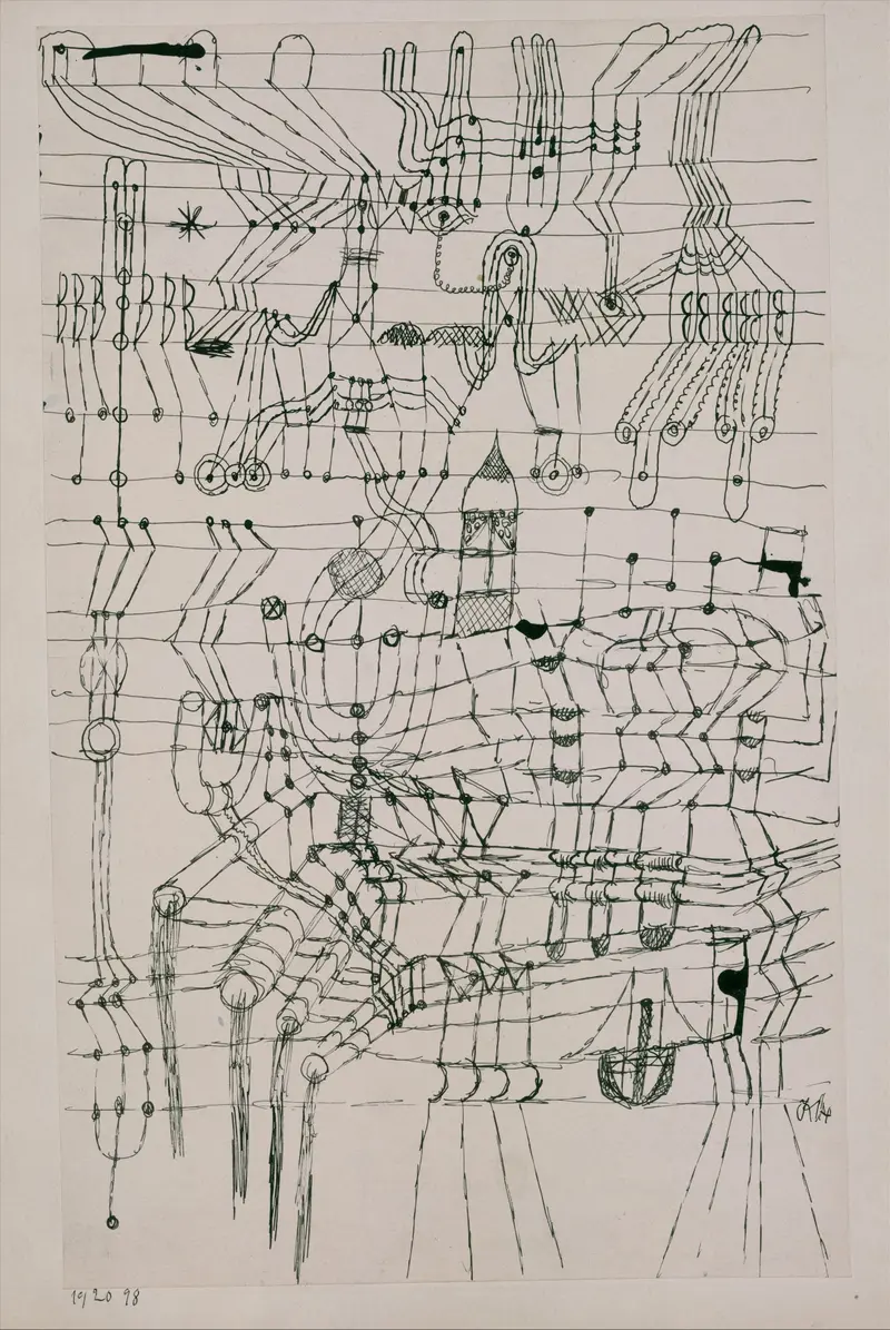 Paul Klee's 'Drawing Knotted in the Manner of a Net' features intricate patterns and a playful use of color.