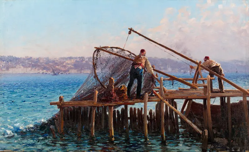 Fishermen Bringing in the Catch, oil painting by Fausto Zonaro, showing fishermen working at sea.