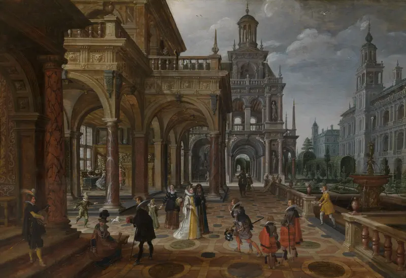 Palaces by Paul Vredeman de Vries, oil on canvas depicting an ornate palace.