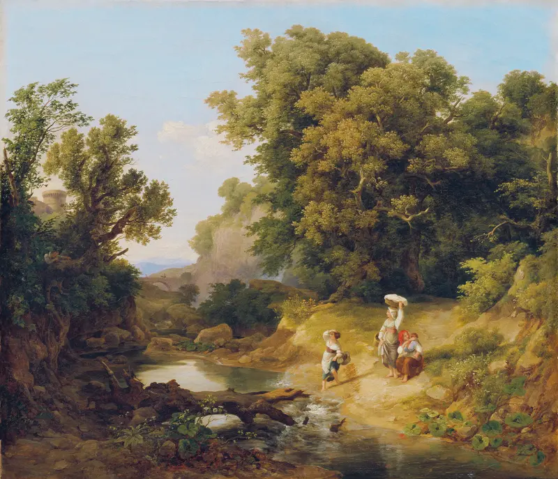 Romantic landscape oil painting by Károly Markó depicting a tranquil Italian scene