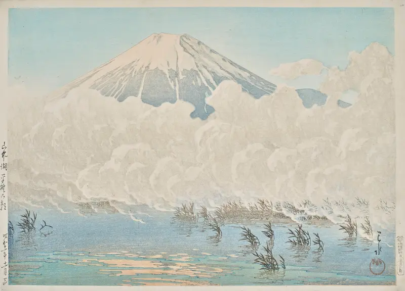 Ukiyo-e by Kawase Hasui depicting a tranquil morning at Lake Yamanaka, soft dawn colors