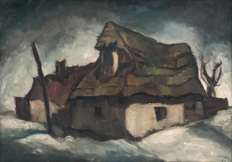 Cottages by Zolo Palugyay, oil painting depicting two quaint cottages surrounded by greenery.