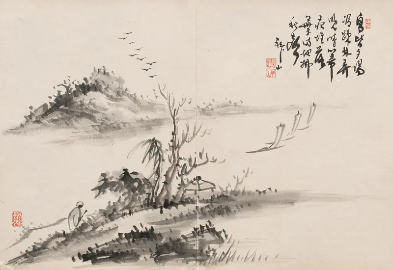 Ukiyo-e landscape by Yoshitsugu Haizan, capturing soft hues and solitude.
