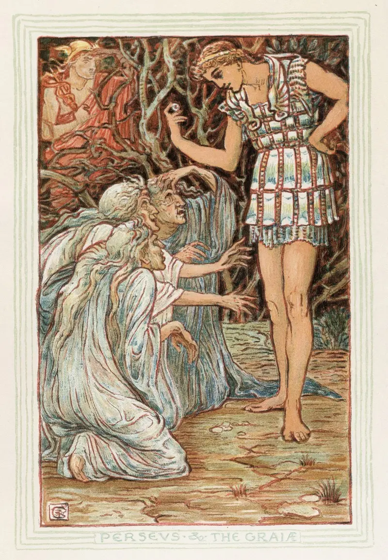 Walter Crane's 'Perseus and The Graia' depicts a mythological scene with vibrant colors and intricate details.