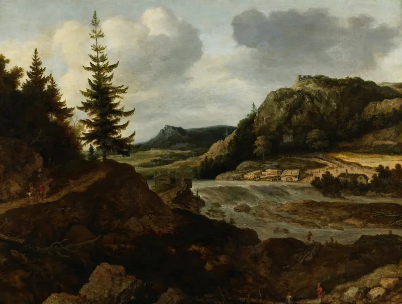 A Mountainous River Landscape with Travellers, oil painting by Allaert van Everdingen