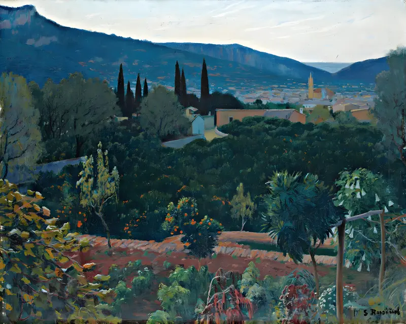 A vibrant landscape painting by Santiago Rusiñol depicting the view over Soller.