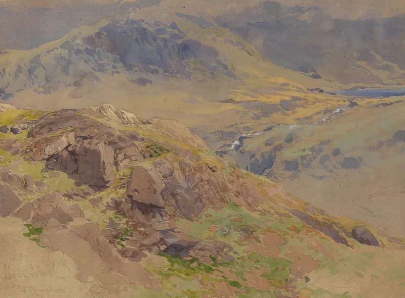 Llyn Idwal landscape by Edward Theodore Compton, oil painting depicting tranquil waters and mountains.