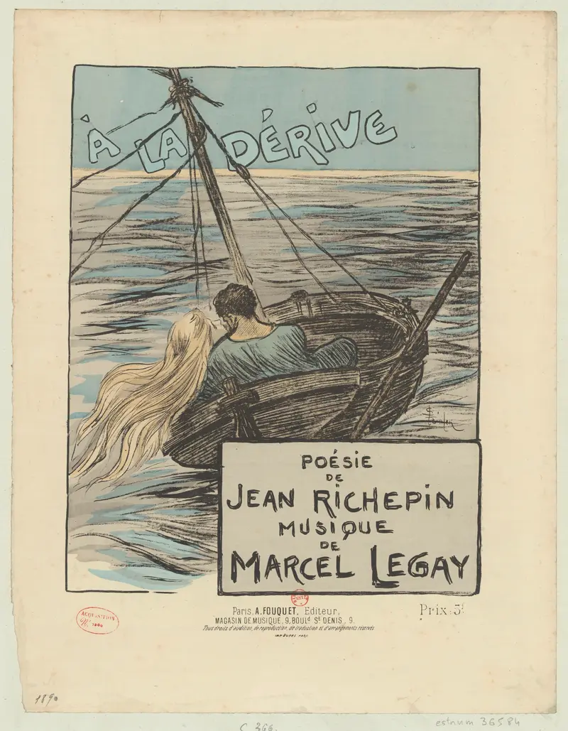 Two figures adrift on an open sea, their backs turned, with a pale sky and gentle currents surrounding them.