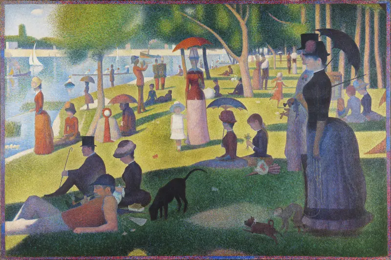 Men, women, and children gather in a sunlit park by the River Seine, with trees casting shadows and figures holding parasols, including a woman with a monkey and dog.