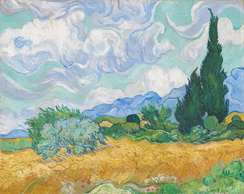 A golden wheat field in the foreground with tall dark cypress trees on the right, blue mountains in the background, and a swirling blue and white cloudy sky above.