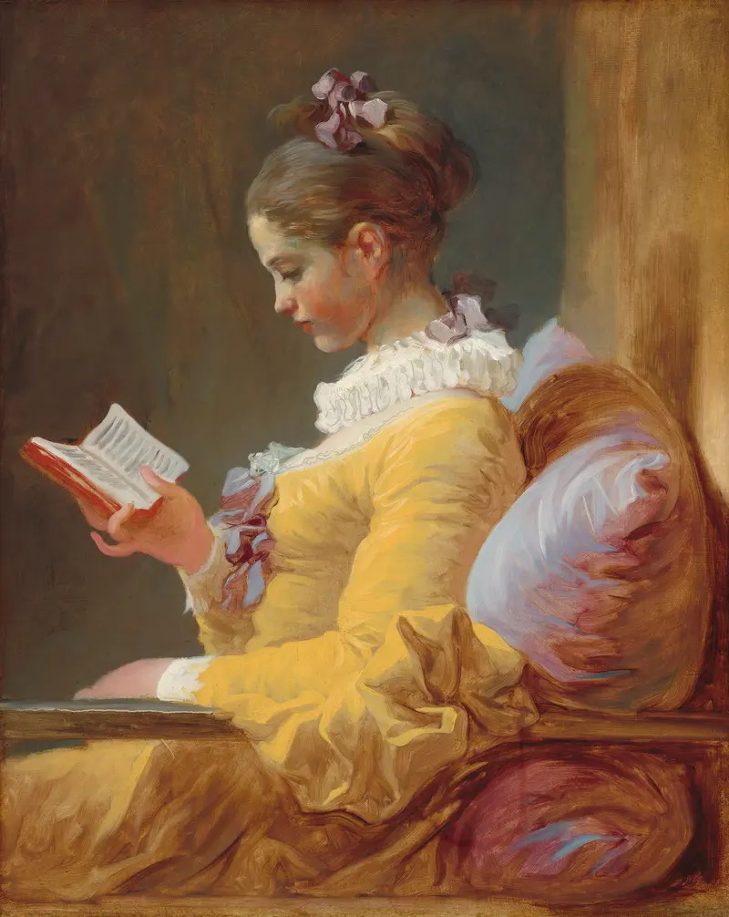 A young woman in a lemon-yellow gown with purple ribbons sits in profile, reading a small book against a violet and pink cushion.