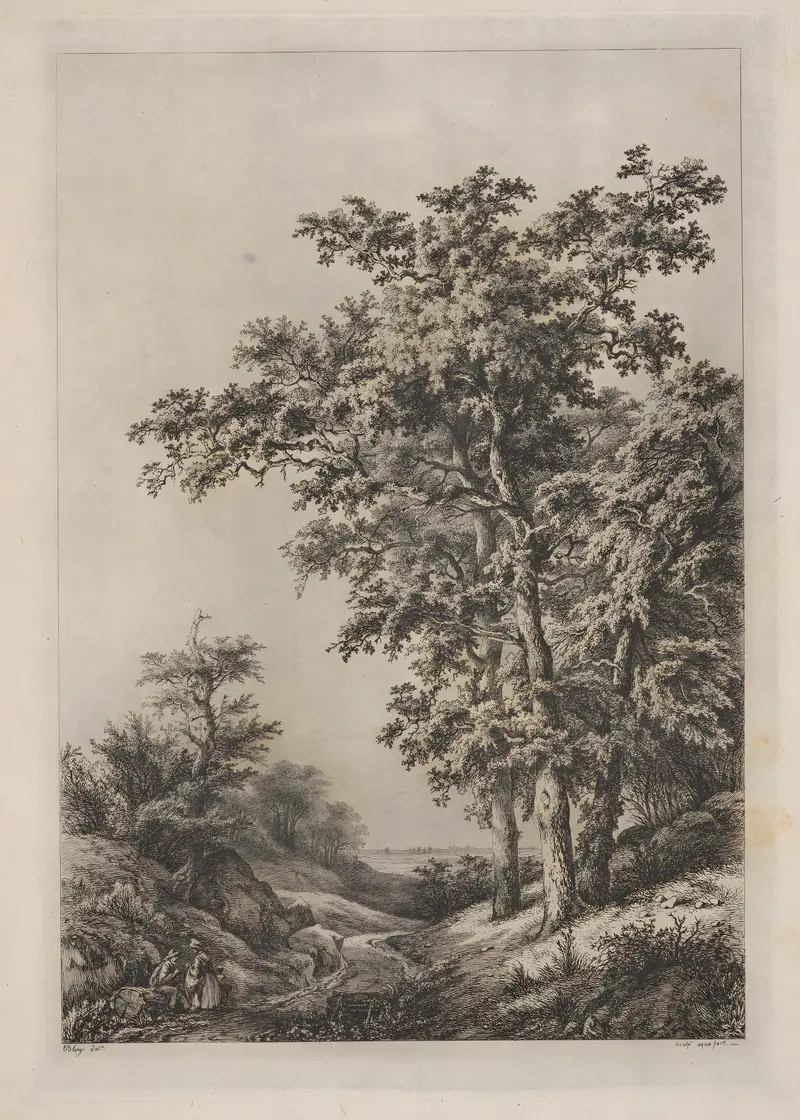 The Three Oaks by Eugene-Stanislas-Alexandre Blery, depicting trees in a serene landscape, oil painting.