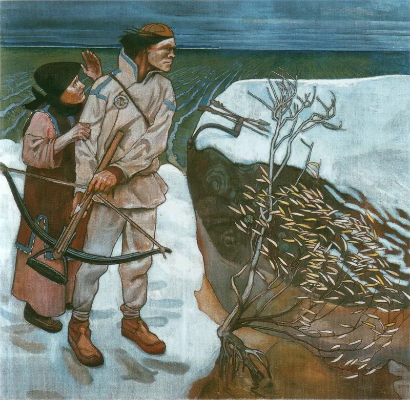 A man stands at a snowy precipice with a bow, while a woman behind him raises a hand in caution.