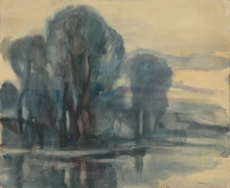 Trees by the River by Zolo Palugyay, oil painting of a tranquil landscape with a river and trees.