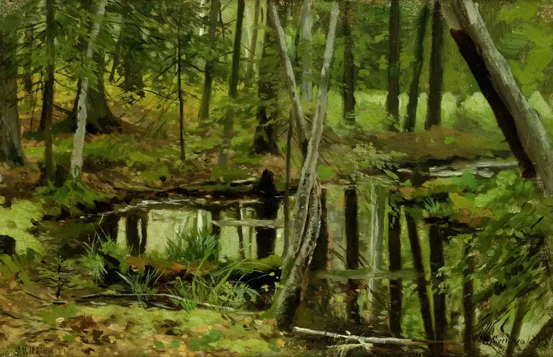 Forest Wilderness by Stanisław Witkiewicz, oil on canvas depicting a serene forest with sunlight filtering through trees.