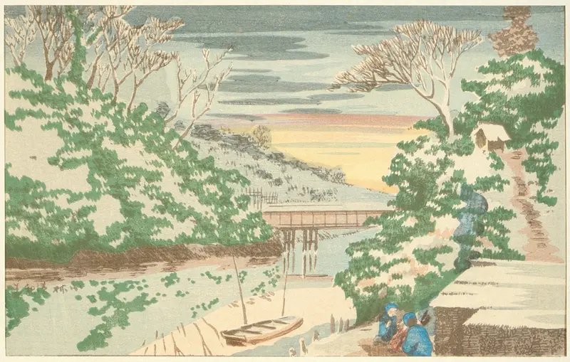 Snow at Ochanomizu by Kobayashi Kiyochika, ukiyo-e depicting a winter landscape with falling snow.
