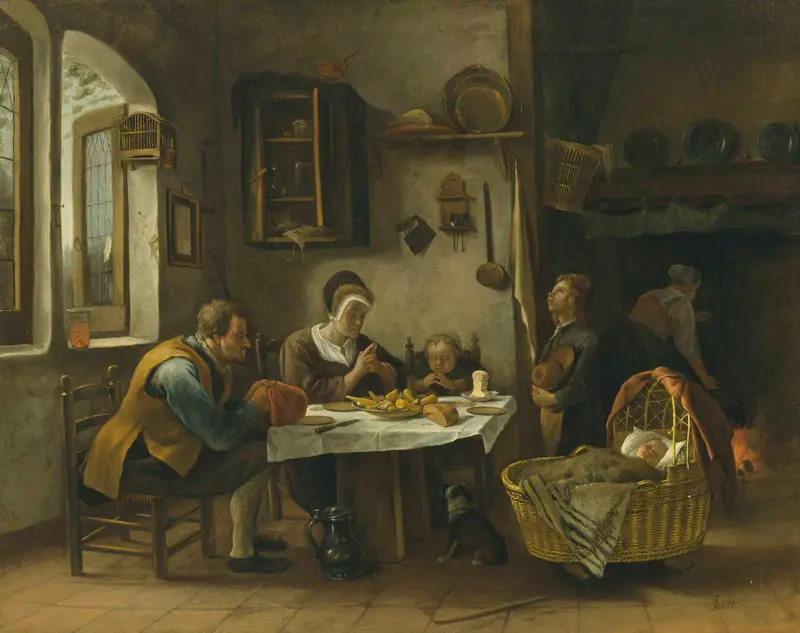 Jan Steen's 'Prayer before a meal' captures a lively family scene.