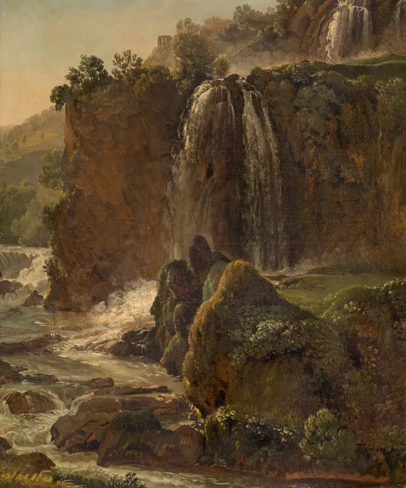 Waterfall at Tivoli by Simon Denis, oil painting depicting a serene landscape with a waterfall and rocks.