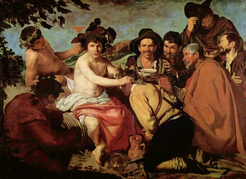A group of nine men in festive clothing surround Bacchus, who crowns a kneeling man, with cups, jugs, and a hilly landscape in the background.