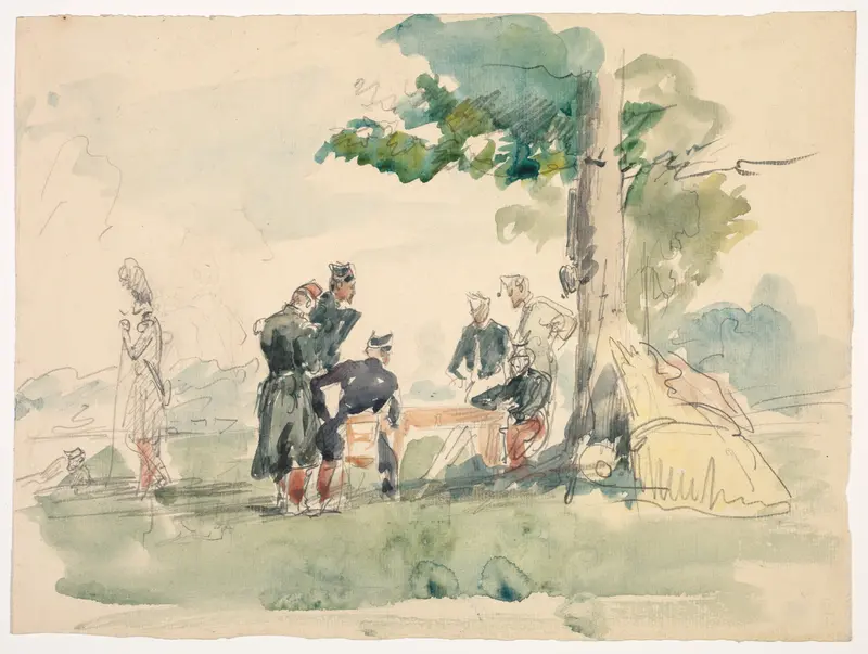 A painting depicting soldiers resting under a tree, showcasing a moment of calm amidst military life.