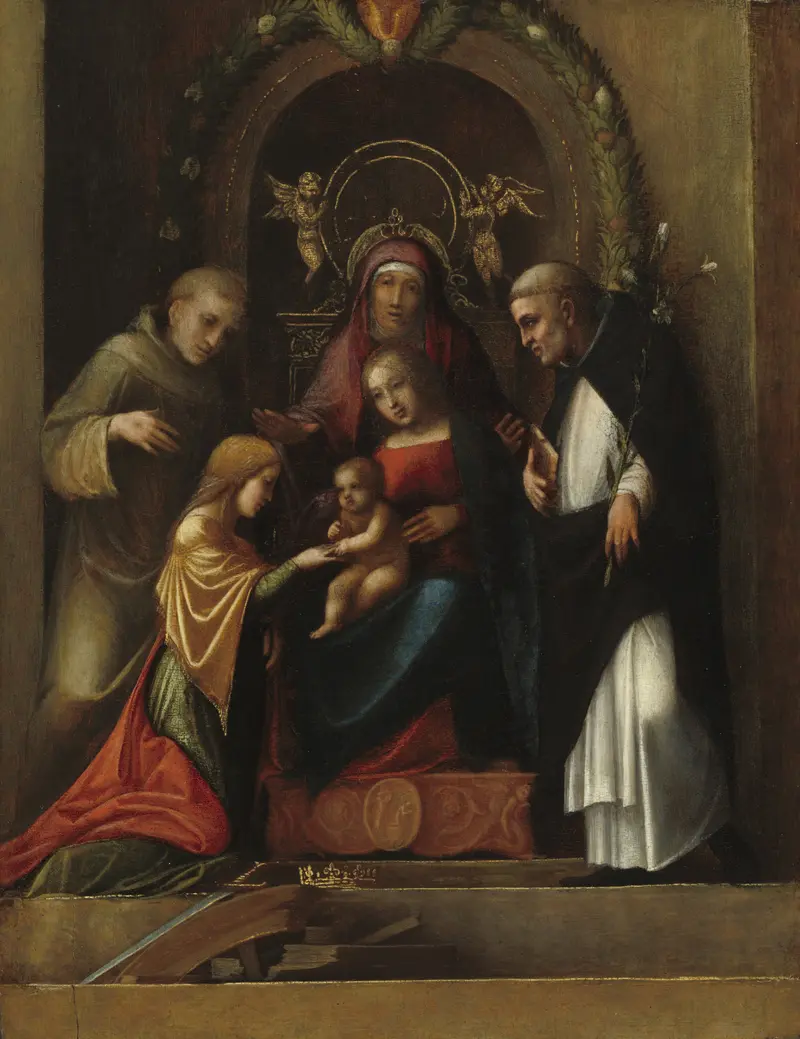 The Mystic Marriage of Saint Catherine by Correggio depicts a tender moment of devotion between Saint Catherine and the Christ Child.