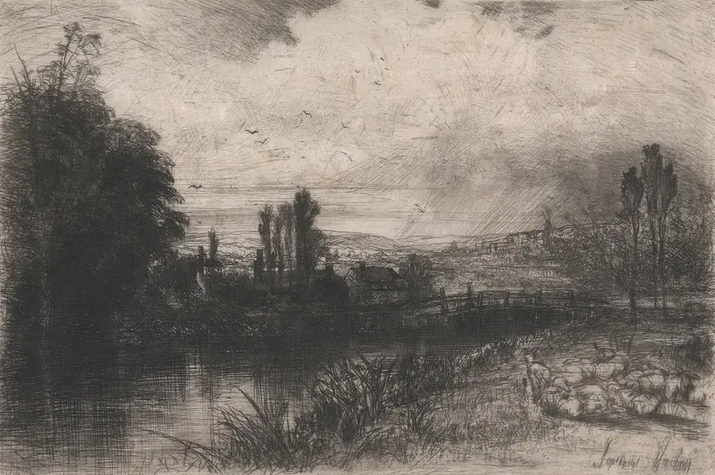 Engraving by Francis Seymour Haden of a lone angler casting a line into a river