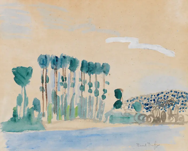Oil painting by Raoul Dufy depicting trees reflecting on water's surface.