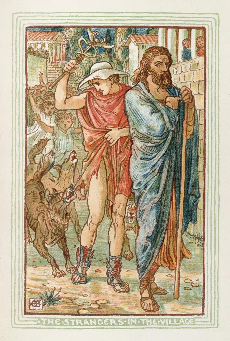 Walter Crane's 'The Strangers in the Village' depicts a vibrant scene of village life.