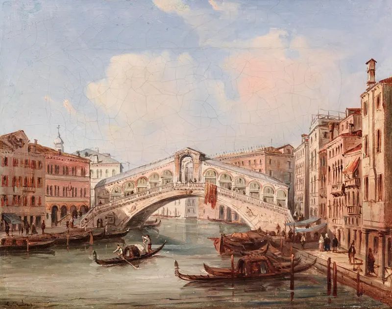Rialto Bridge over a canal in Venice, oil painting by Carlo Grubacs