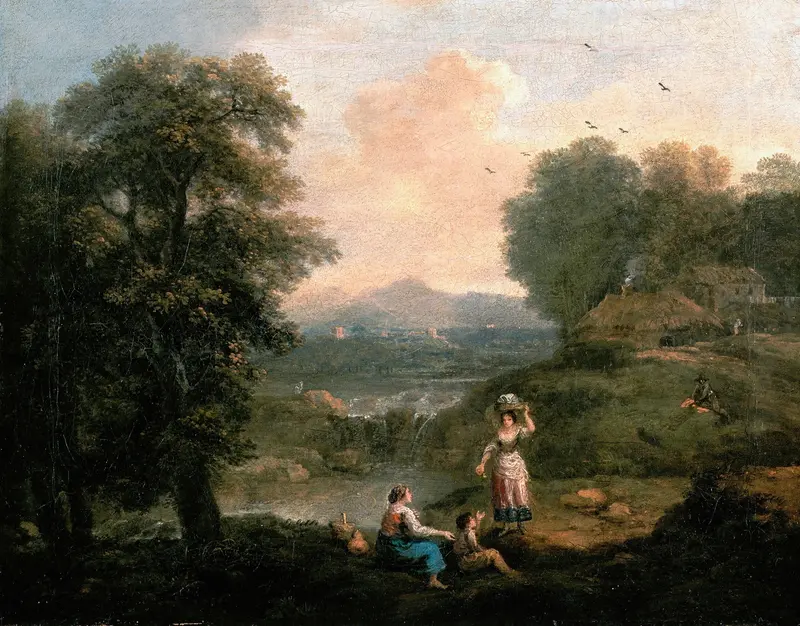 Landscape by Francesco Zuccarelli, oil on canvas depicting serene hills and soft light